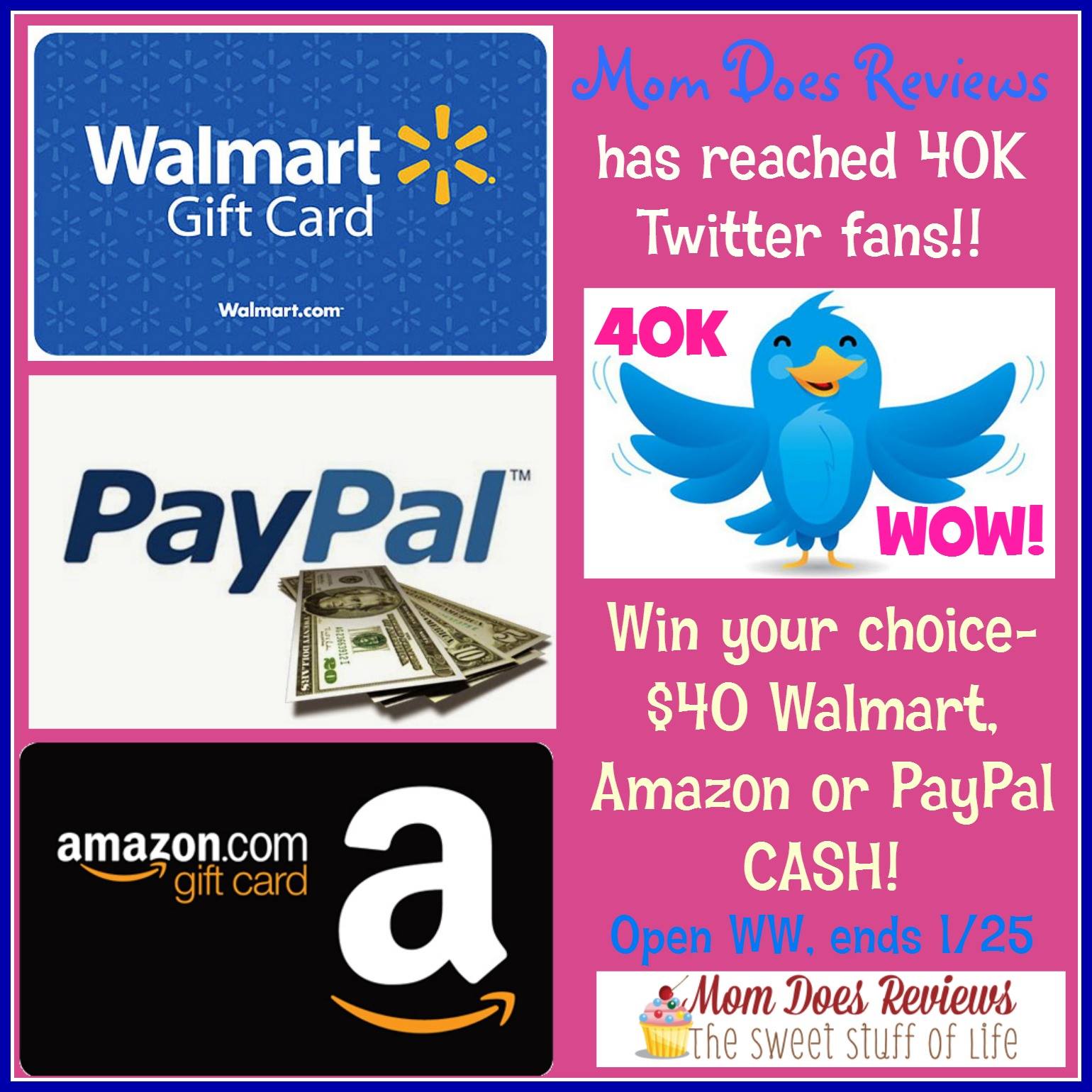 40 PayPal, Walmart, or Amazon Gift Card Giveaway (Ends 1