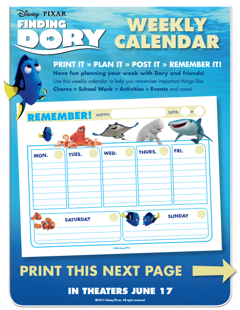 Finding Dory Printable - Weekly Calendar