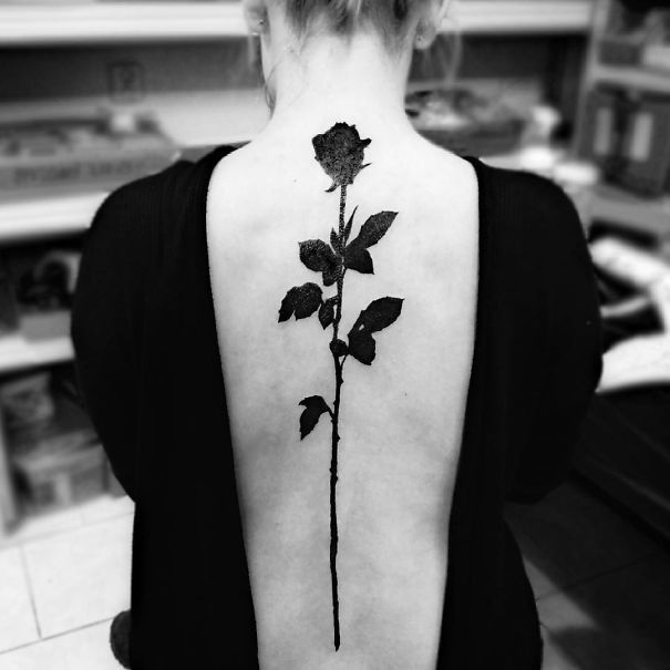 Giant Black Rose Spine Tattoo for Women