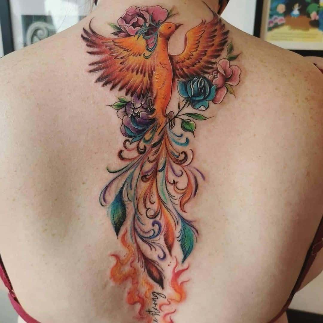  Giant Phoenix Spine Tattoo