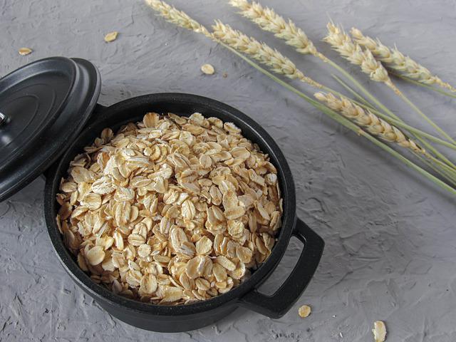 A black pan filled with oats.
