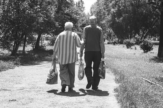 An old couple walking on the road hand in hand.