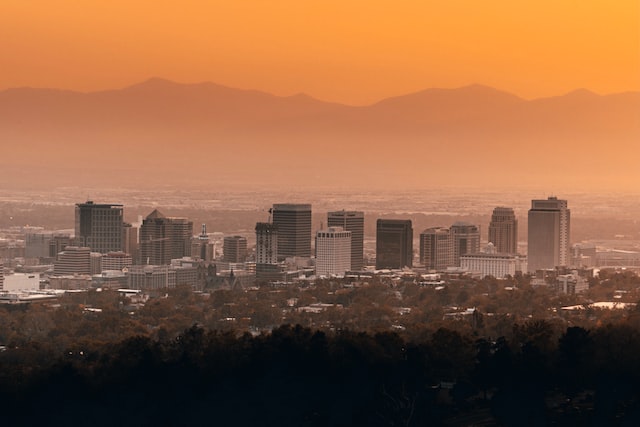 The beautiful Salt Lake City surrounded by mountains.