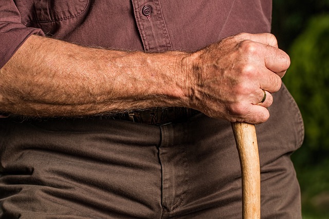 An old man with a stick in his hand.