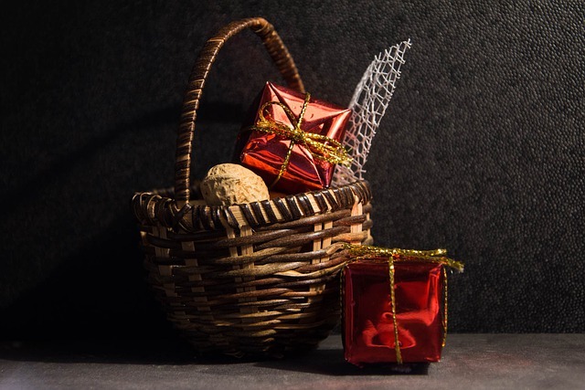 A Christmas gift basket with gifts.