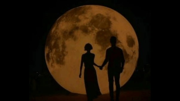 couple looking over moon
