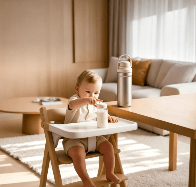 Portable baby milk cooler used at home with a baby in a high chair.