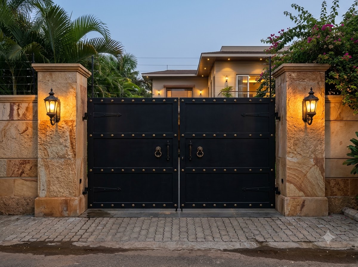 Black steel gate with brass studs